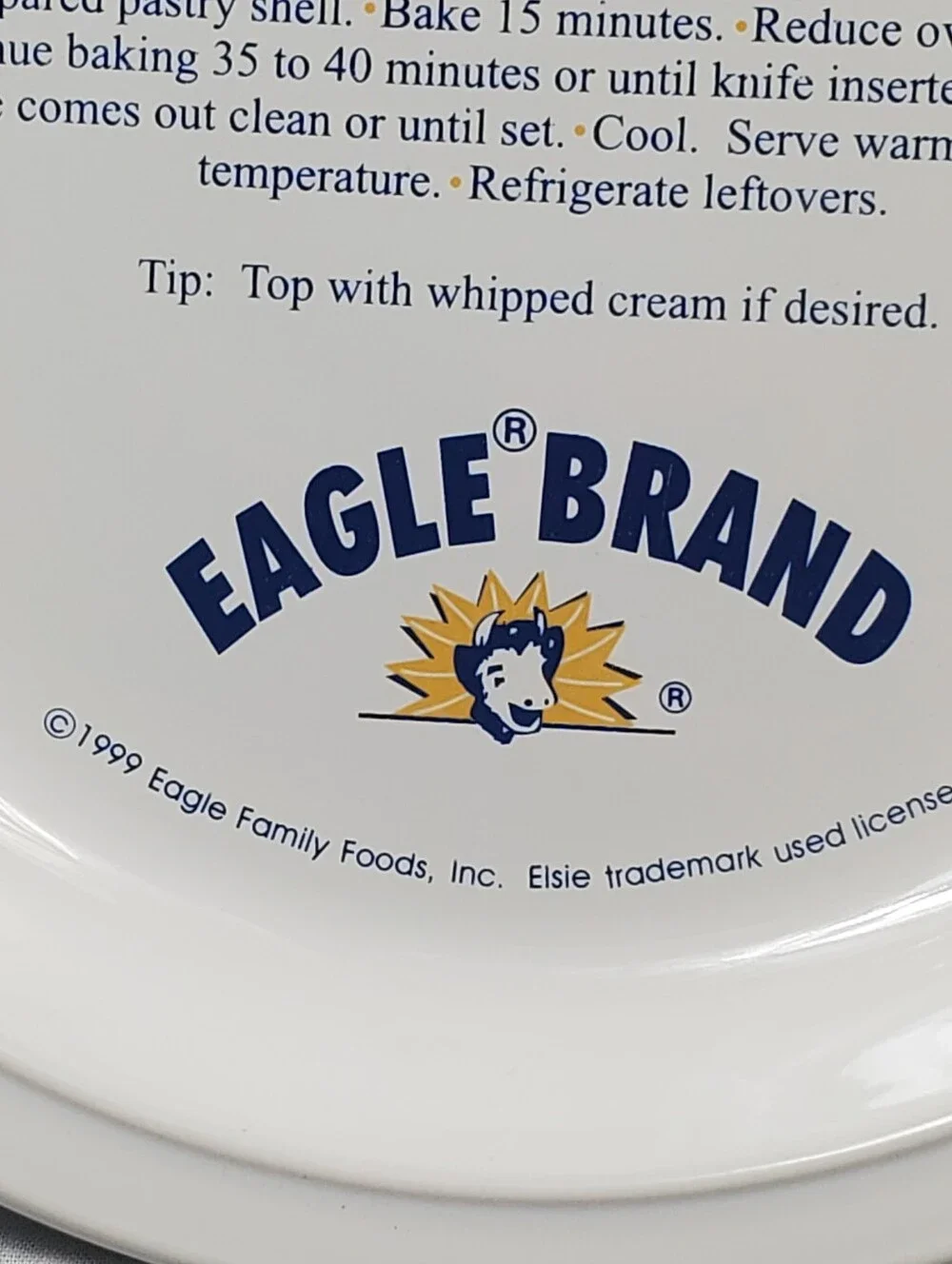 Eagle Brand Ceramic Pie Plate Traditional Pumpkin Pie Recipe Woodmere China '99
